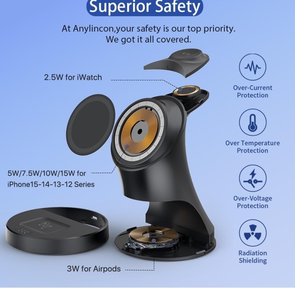 Wireless Charger,3 in 1 Magnetic Black Wireless Charging Stand with Adapter - Picture 5 of 5